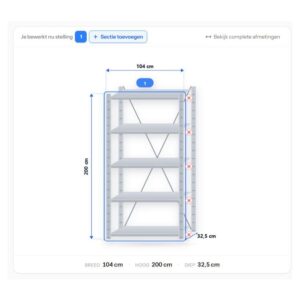 Configuratie van stellingkast 200 x 100 x 30 cm – 5 legborden uit de stellingkast configurator