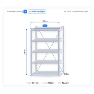 Configuratie van stellingkast 220 x 130 x 40 cm – 5 legborden uit de stellingkast configurator
