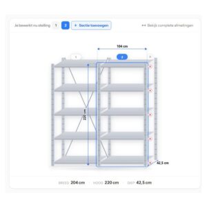 Configuratie van stellingkast 220 x 200 x 40 cm – 2 secties, 10 legborden uit de stellingkast configurator