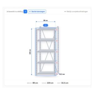 Configuratie van stellingkast 220 x 85 x 30 cm – 5 legborden uit de stellingkast configurator