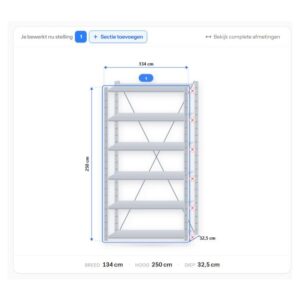 Configuratie van stellingkast 250 x 130 x 30 cm – 6 legborden uit de stellingkast configurator