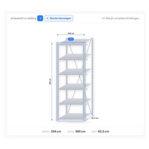 Configuratie van stellingkast 300 x 100 x 60 cm – 6 legborden uit de stellingkast configurator