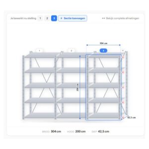 Configuratie van stellingkast 200 x 300 x 40 cm – 3 secties, 15 legborden uit de stellingkast configurator