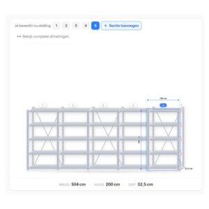Configuratie van stellingkast 200 x 500 x 30 cm – 5 secties, 25 legborden uit de stellingkast configurator