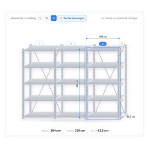 Configuratie van stellingkast 220 x 300 x 40 cm – 3 secties, 15 legborden uit de stellingkast configurator