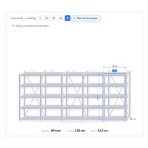 Configuratie van stellingkast 220 x 500 x 40 cm – 5 secties, 25 legborden uit de stellingkast configurator