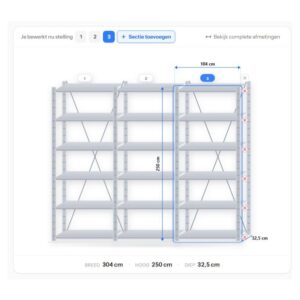 Configuratie van stellingkast 250 x 300 x 30 cm – 3 secties, 18 legborden uit de stellingkast configurator