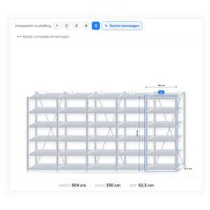 Configuratie van stellingkast 250 x 500 x 50 cm – 5 secties, 30 legborden uit de stellingkast configurator